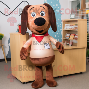 Brown Hot Dog mascot costume character dressed with a Blouse and Lapel pins
