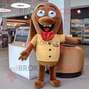 Brown Hot Dog mascot costume character dressed with a Blouse and Lapel pins