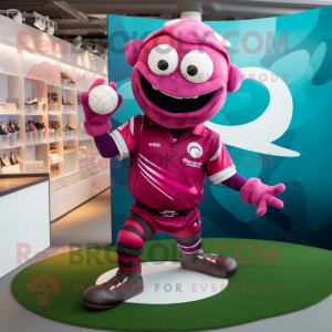 Magenta Gyro mascot costume character dressed with a Rugby Shirt and Foot pads