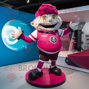 Magenta Gyro mascot costume character dressed with a Rugby Shirt and Foot pads