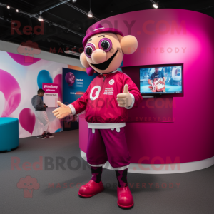 Magenta Gyro mascot costume character dressed with a Rugby Shirt and Foot pads