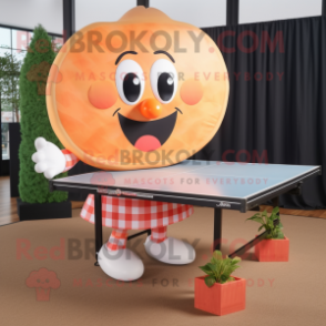 Peach Ping Pong Table mascot costume character dressed with a Flannel Shirt and Shoe clips