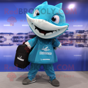 Teal Barracuda mascot costume character dressed with a Yoga Pants and Briefcases