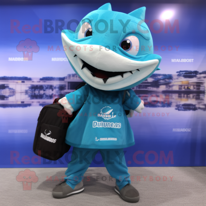 Teal Barracuda mascot costume character dressed with a Yoga Pants and Briefcases