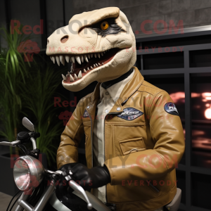 Beige Allosaurus mascot costume character dressed with a Moto Jacket and Bracelet watches