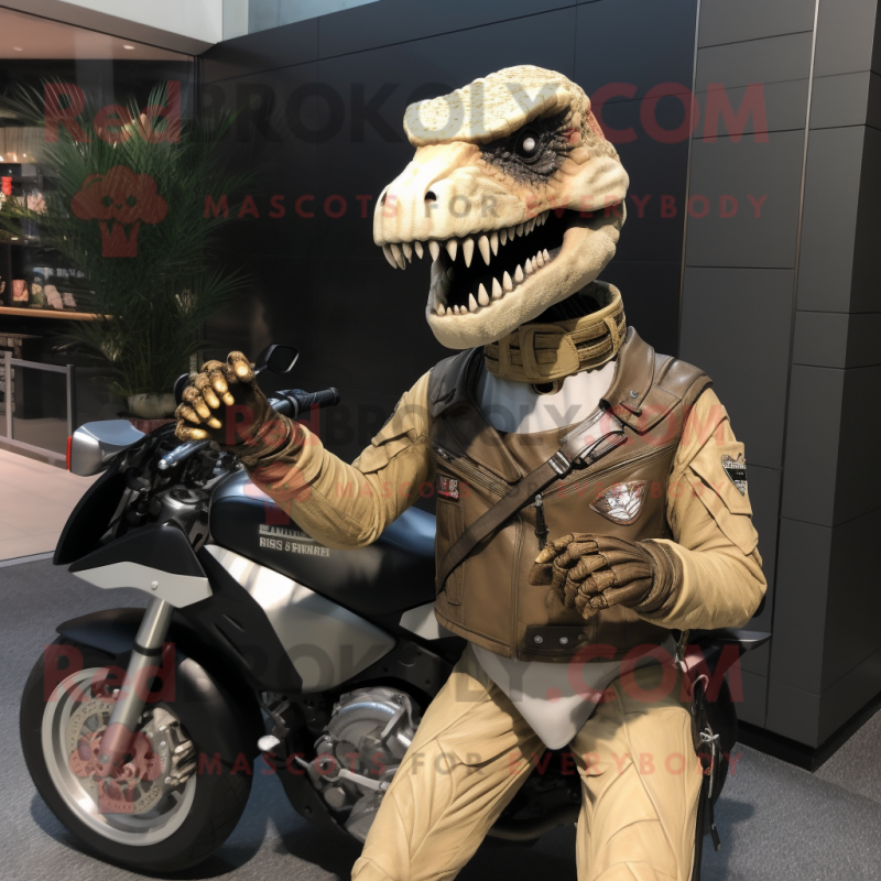 Beige Allosaurus mascot costume character dressed with a Moto Jacket and Bracelet watches