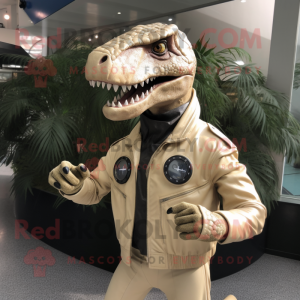 Beige Allosaurus mascot costume character dressed with a Moto Jacket and Bracelet watches
