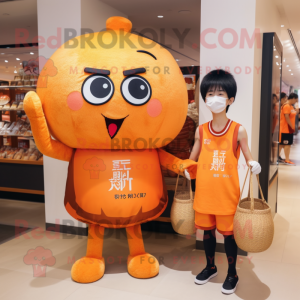 Orange Fried Rice mascot costume character dressed with a T-Shirt and Handbags