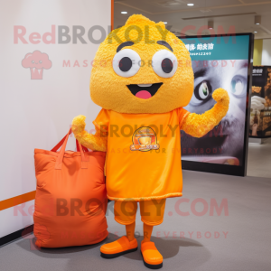 Orange Fried Rice mascot costume character dressed with a T-Shirt and Handbags