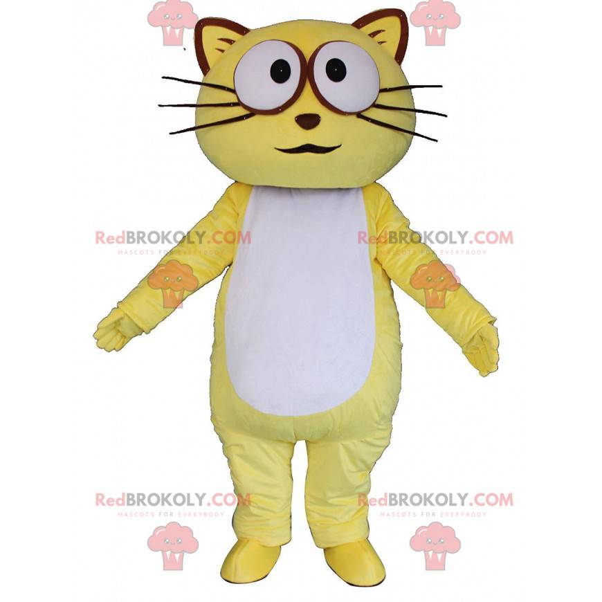 Mascota de gato amarillo y blanco, disfraz de gato colorido -