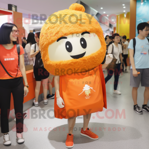 Orange Fried Rice mascot costume character dressed with a T-Shirt and Handbags