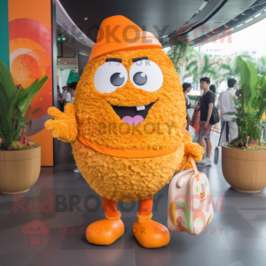 Orange Fried Rice mascot costume character dressed with a T-Shirt and Handbags