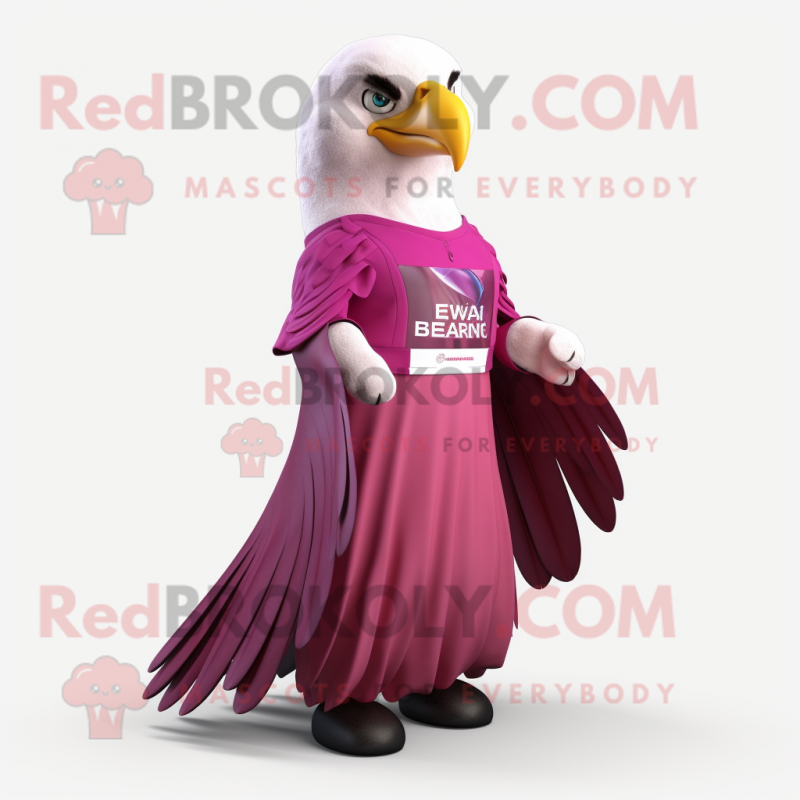 Magenta Bald Eagle mascot costume character dressed with a Ball Gown and Belts Magenta Bald Eagle mascot costume character dressed with a Ball Gown and Belts