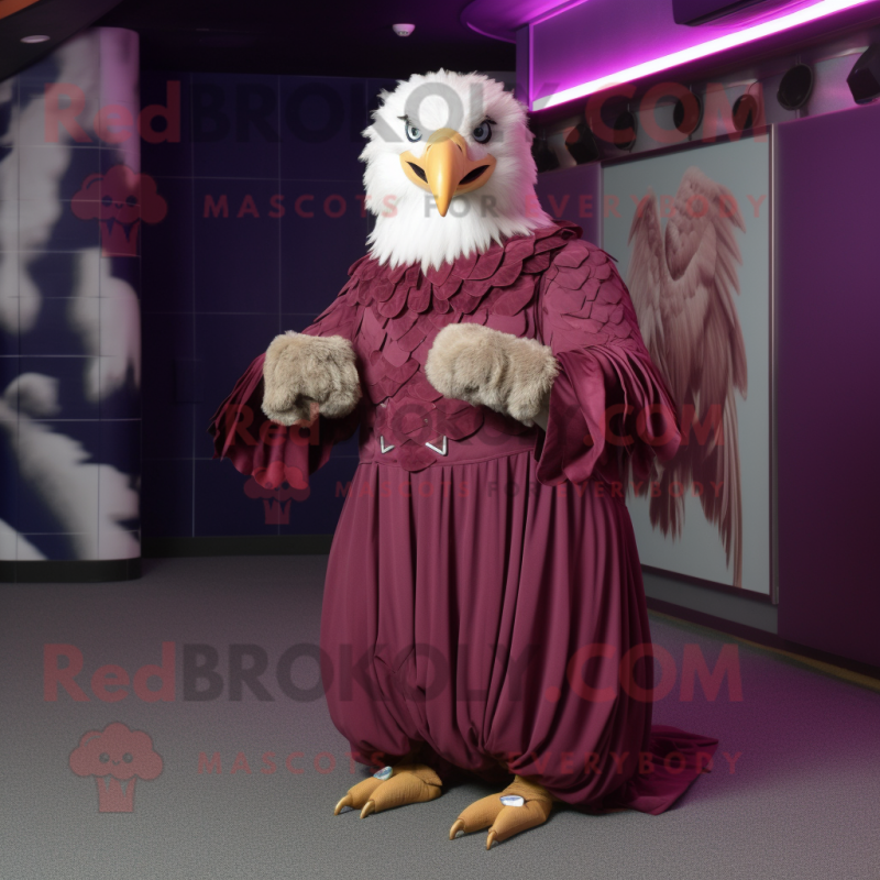 Magenta Bald Eagle mascot costume character dressed with a Ball Gown and Belts Magenta Bald Eagle mascot costume character dressed with a Ball Gown and Belts