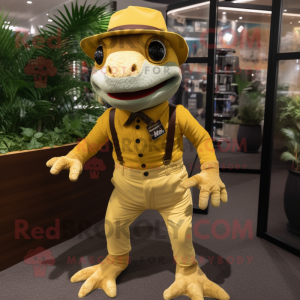 Gold Geckos mascot costume character dressed with a Corduroy Pants and Suspenders