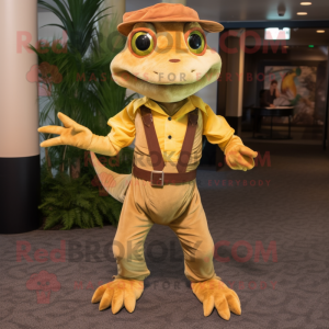 Gold Geckos mascot costume character dressed with a Corduroy Pants and Suspenders