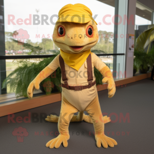 Gold Geckos mascot costume character dressed with a Corduroy Pants and Suspenders