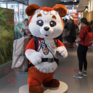 White Red Panda mascot costume character dressed with a Dungarees and Backpacks