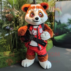 White Red Panda mascot costume character dressed with a Dungarees and Backpacks