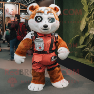 White Red Panda mascot costume character dressed with a Dungarees and Backpacks