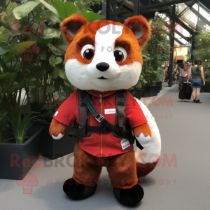 White Red Panda mascot costume character dressed with a Dungarees and Backpacks