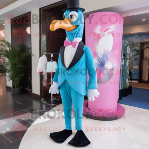 Sky Blue Flamingo mascot costume character dressed with a Tuxedo and Ties