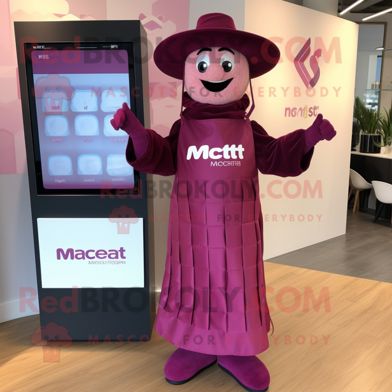 Magenta Chocolate Bar mascot costume character dressed with a Maxi Dress and Caps Magenta Chocolate Bar mascot costume character dressed with a Maxi Dress and Caps