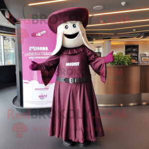 Magenta Chocolate Bar mascot costume character dressed with a Maxi Dress and Caps