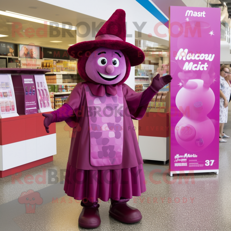 Magenta Chocolate Bar mascot costume character dressed with a Maxi Dress and Caps