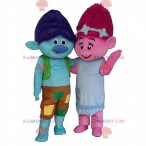 2 kolorowe maskotki trolli, niebieski chłopiec i różowa