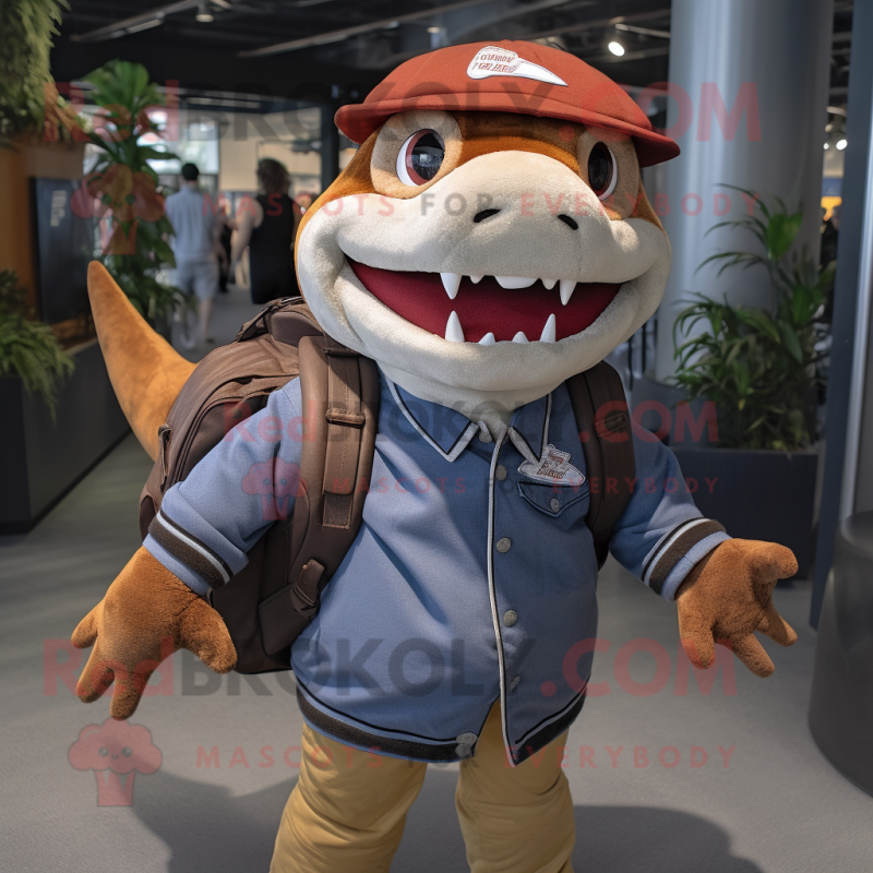 Rust Shark mascot costume character dressed with a Baseball Tee and Backpacks Rust Shark mascot costume character dressed with a Baseball Tee and Backpacks