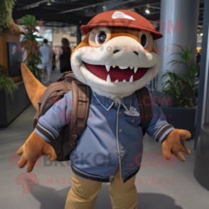 Rust Shark mascot costume character dressed with a Baseball Tee and Backpacks