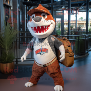 Rust Shark mascot costume character dressed with a Baseball Tee and Backpacks