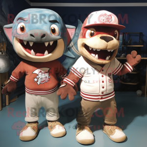 Rust Shark mascot costume character dressed with a Baseball Tee and Backpacks