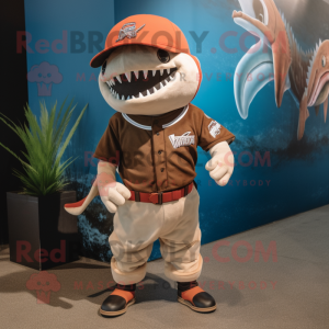 Rust Shark mascot costume character dressed with a Baseball Tee and Backpacks