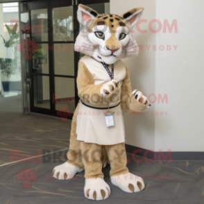 Beige Bobcat mascot costume character dressed with a Sheath Dress and Headbands