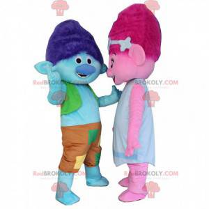 2 colorful troll mascots, a blue boy and a pink girl -