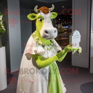 Lime Green Guernsey Cow mascot costume character dressed with a Wedding Dress and Gloves