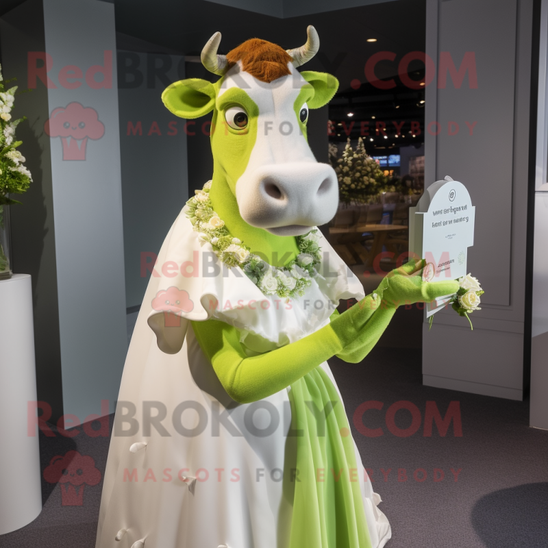 Lime Green Guernsey Cow mascot costume character dressed with a Wedding Dress and Gloves