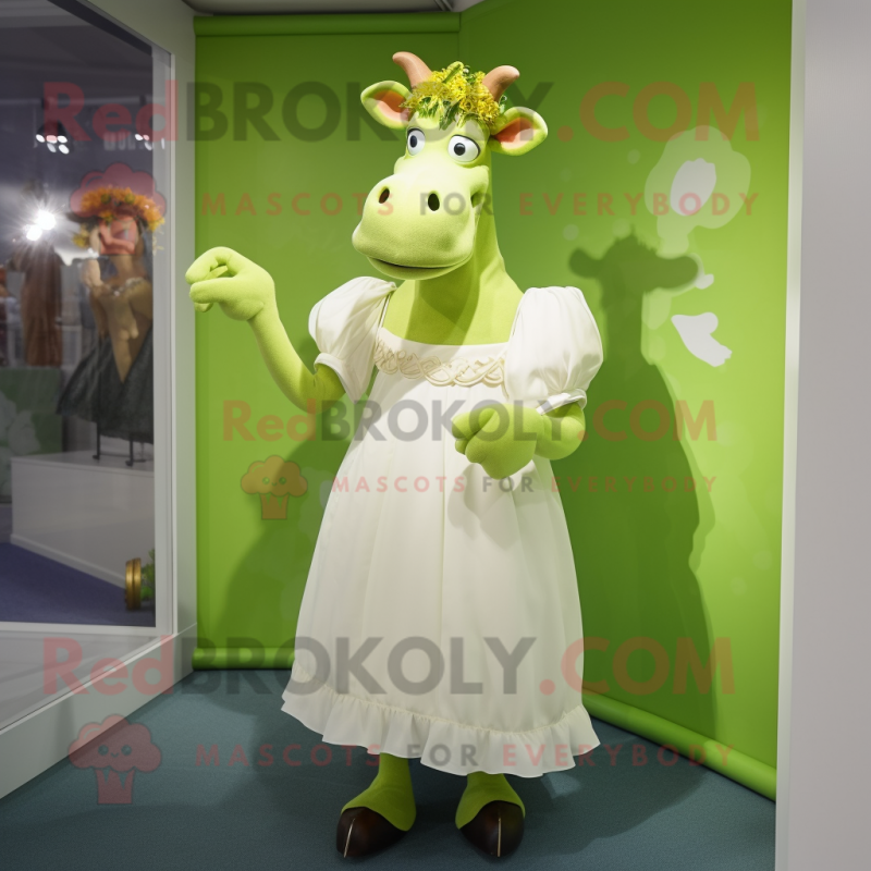 Lime Green Guernsey Cow mascot costume character dressed with a Wedding Dress and Gloves Lime Green Guernsey Cow mascot costume character dressed with a Wedding Dress and Gloves