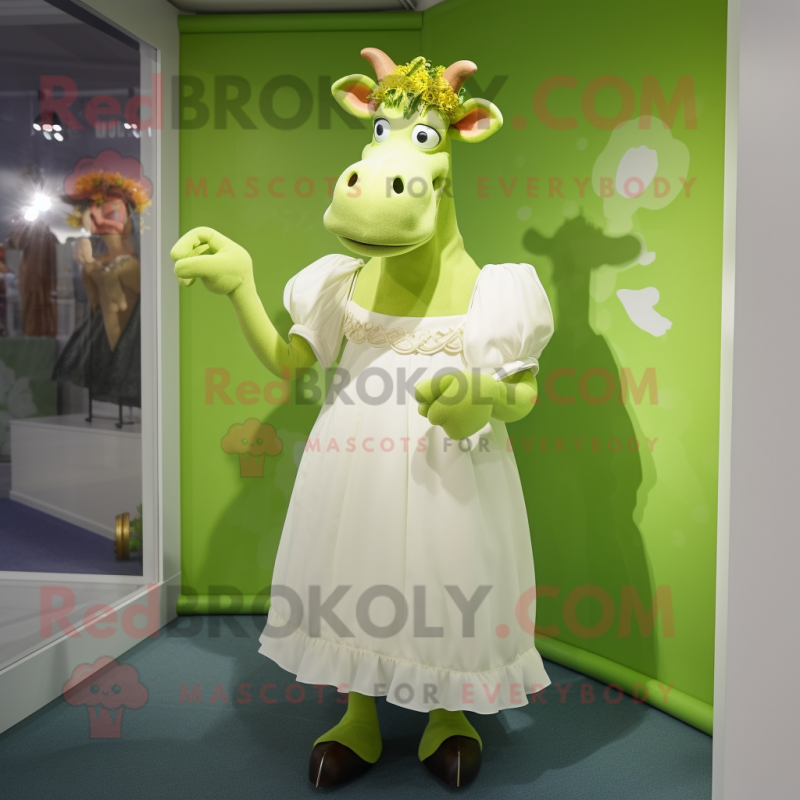 Lime Green Guernsey Cow mascot costume character dressed with a Wedding Dress and Gloves