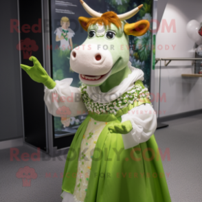 Lime Green Guernsey Cow mascot costume character dressed with a Wedding Dress and Gloves