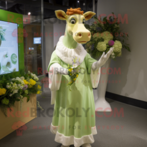 Lime Green Guernsey Cow mascot costume character dressed with a Wedding Dress and Gloves