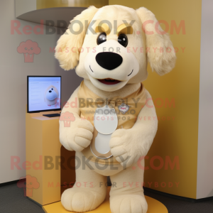 Beige Dog mascot costume character dressed with a Vest and Earrings
