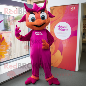 Magenta Tikka Masala mascot costume character dressed with a Playsuit and Lapel pins