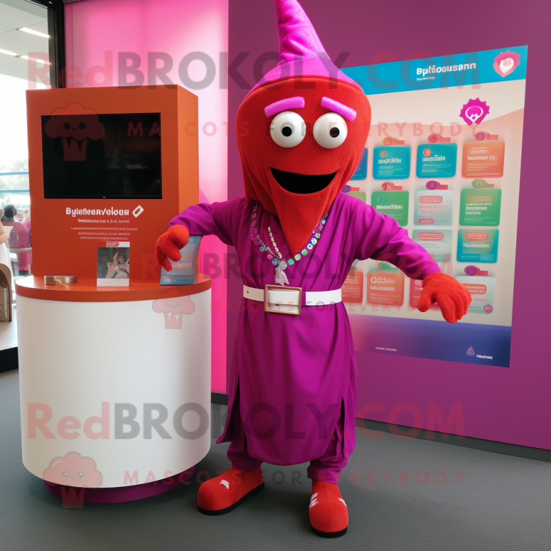 Magenta Tikka Masala mascot costume character dressed with a Playsuit and Lapel pins Magenta Tikka Masala mascot costume character dressed with a Playsuit and Lapel pins