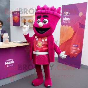 Magenta Tikka Masala mascot costume character dressed with a Playsuit and Lapel pins
