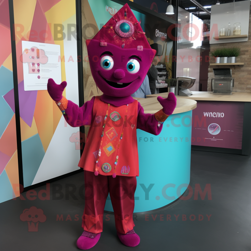 Magenta Tikka Masala mascot costume character dressed with a Playsuit and Lapel pins