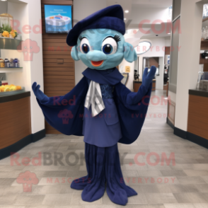 Navy Mermaid mascot costume character dressed with a Dress Pants and Scarf clips