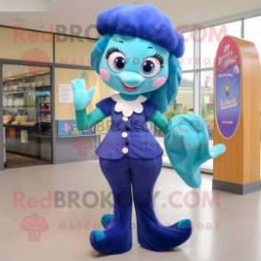 Navy Mermaid mascot costume character dressed with a Dress Pants and Scarf clips